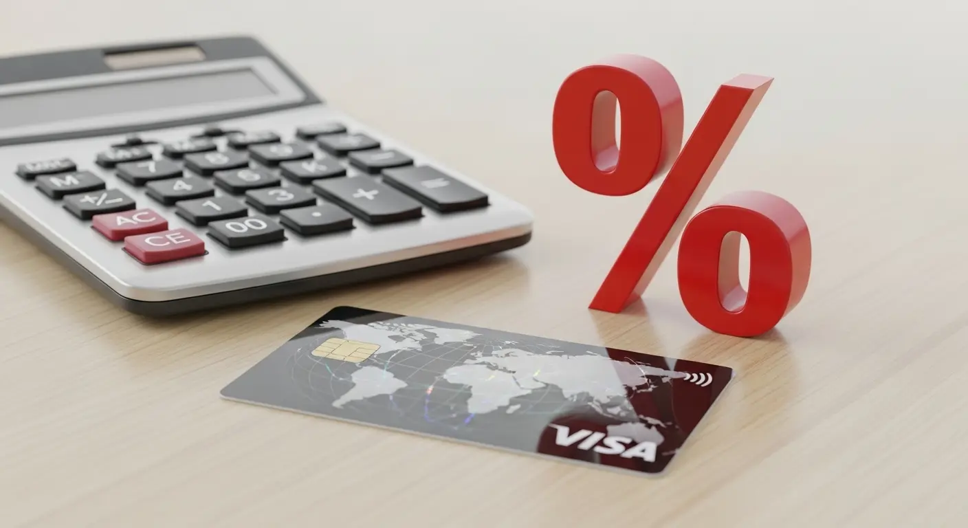 계산기 옆에 신용카드와 % 표시가 있는 장면