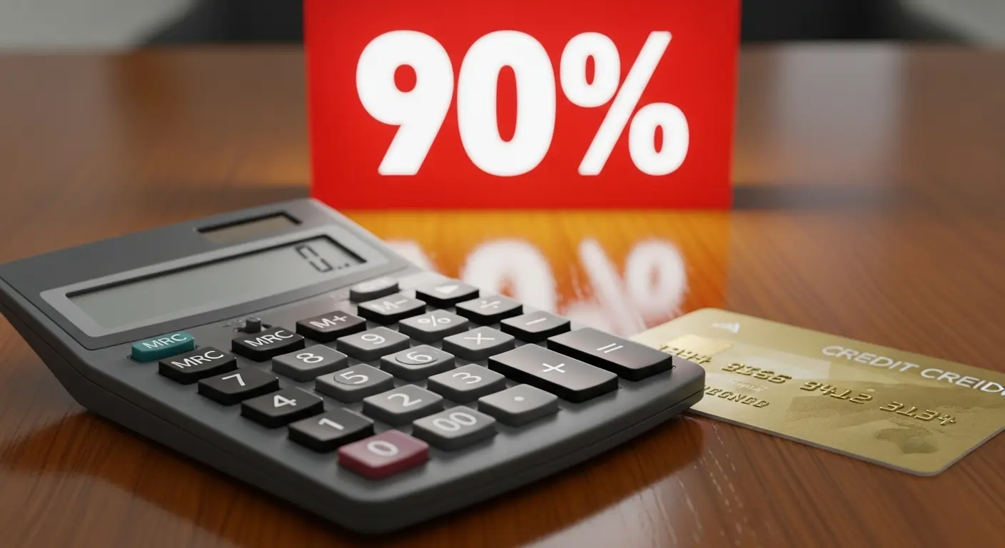 계산기와 신용카드가 나란히 있고, 위에 % 기호가 크게 떠 있는 장면