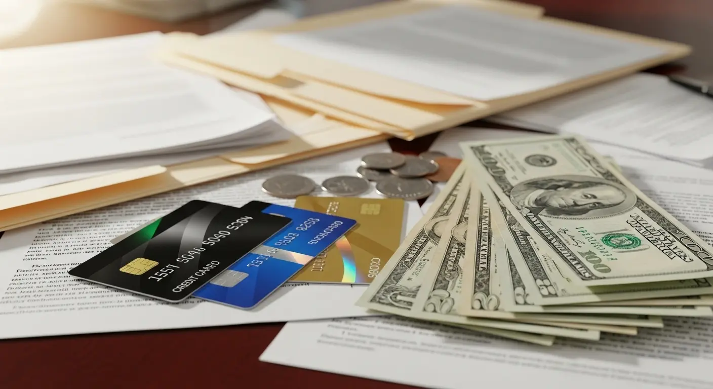 법률문서 위에 신용카드와 현금이 놓여 있고, 주의 아이콘이 겹쳐진 장면