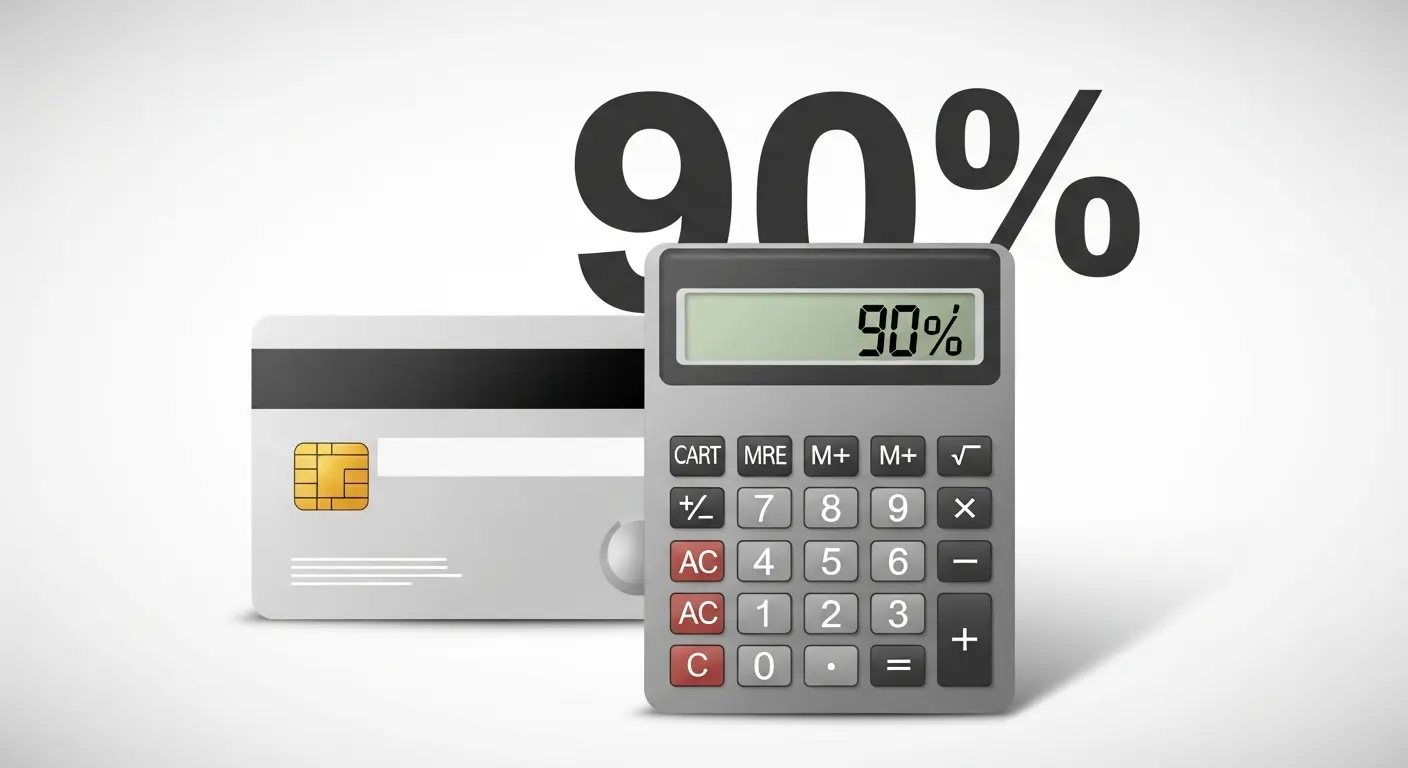 계산기 옆에 신용카드와 % 표시 그래픽, 수수료 계산을 상징하는 장면