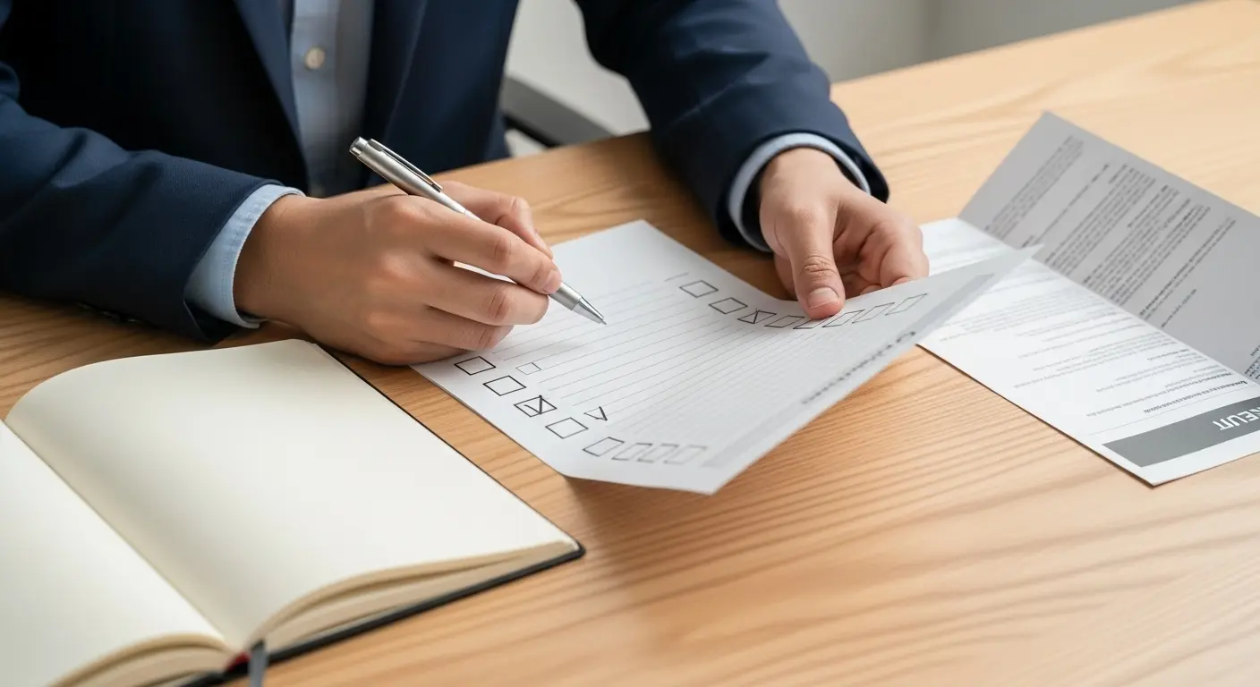 사무실 책상 위 명세서와 노트북, 체크리스트를 작성하는 사람의 모습