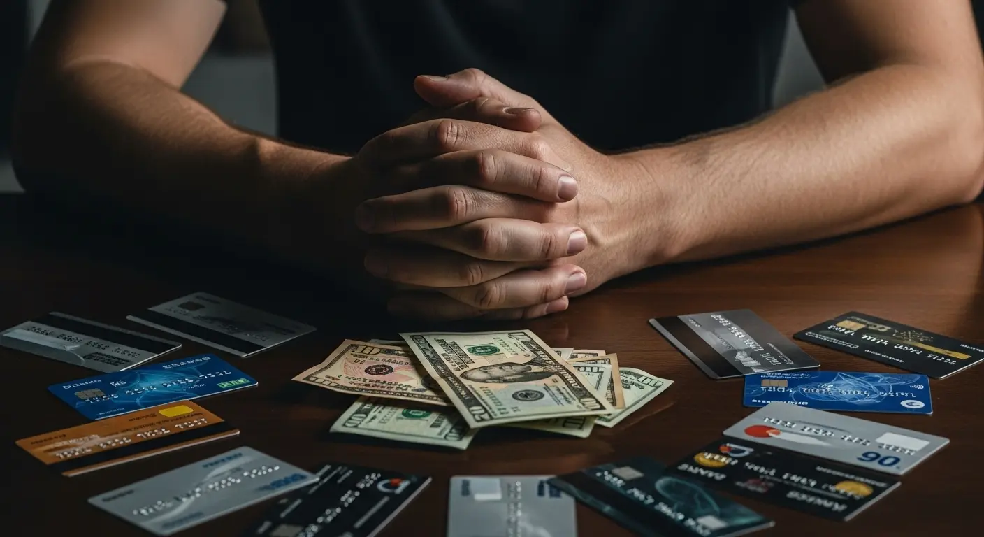 신용카드와 현금이 함께 놓인 테이블, 자금 유동성을 고민하는 사람의 손