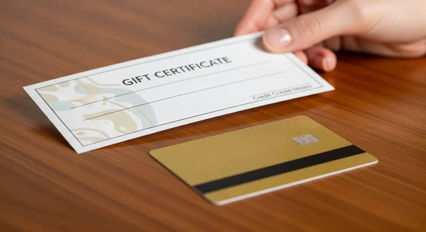 상품권과 신용카드가 함께 놓여 있고 손이 상품권을 들고 있는 장면