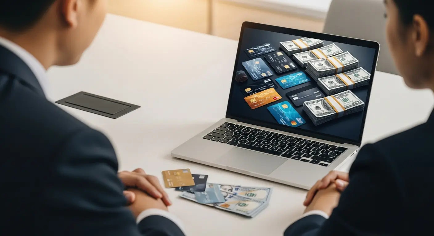 사람이 노트북 앞에서 신용카드와 현금이 놓인 화면을 보고 업체 상담 중인 장면