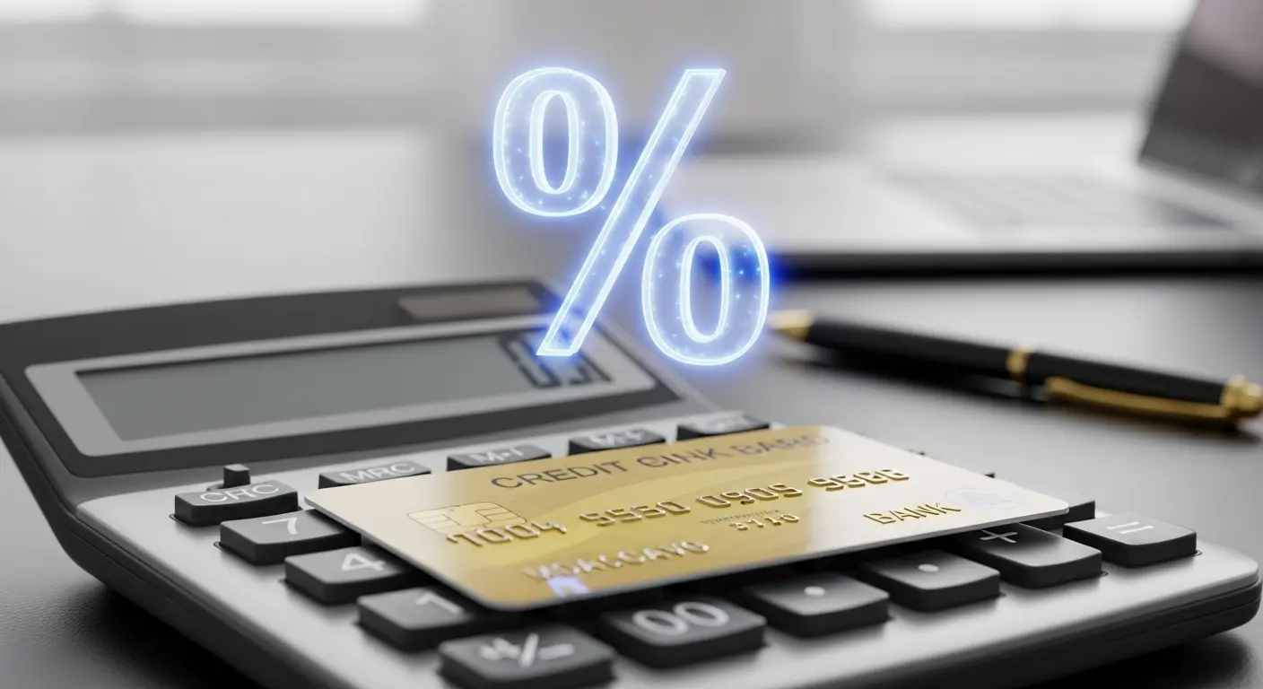 계산기 위에 신용카드가 놓여 있고 그 위에 큰 % 기호가 떠 있는 장면