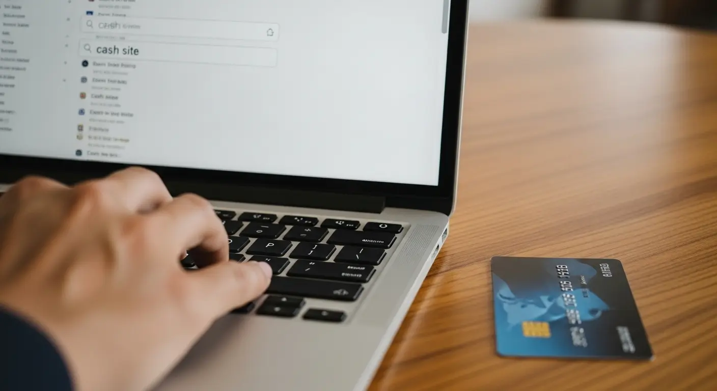 노트북 화면에 ‘현금화 사이트’라고 검색 중인 손과 신용카드가 테이블 위에 놓여 있는 장면