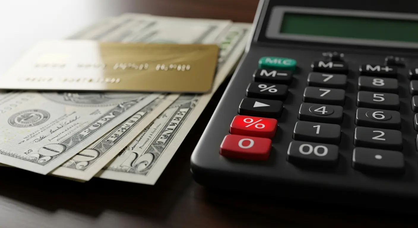 계산기 옆에 신용카드와 현금이 놓여 있고 ‘%’ 표시가 강조된 장면