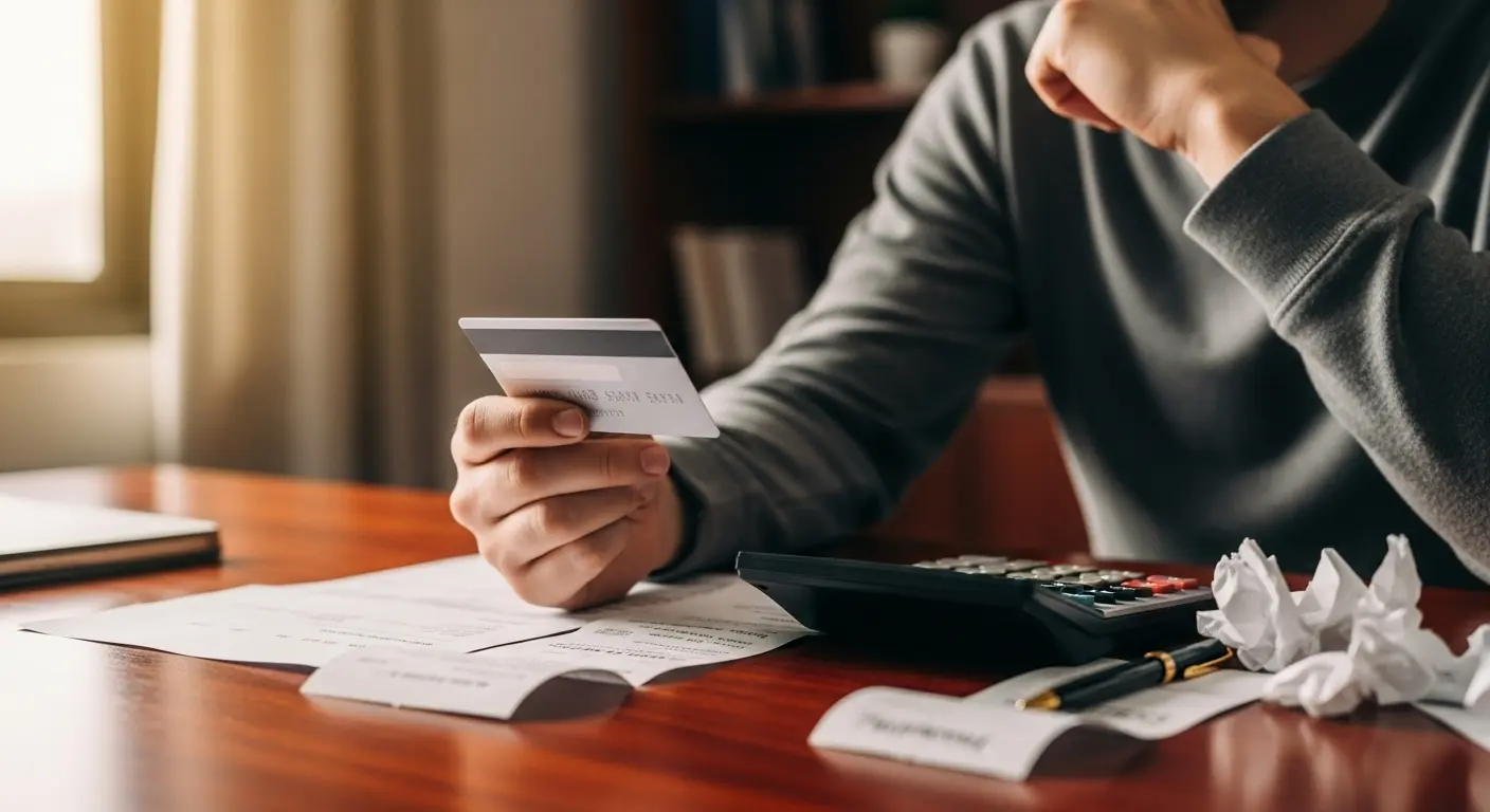신용카드를 들고 고민하는 사람, 책상 위에 결제내역과 계산기 놓인 장면