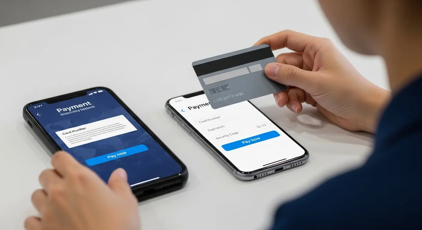 신용카드와 스마트폰 결제창이 열려 있고, 결제를 진행하며 고민하는 사람의 손