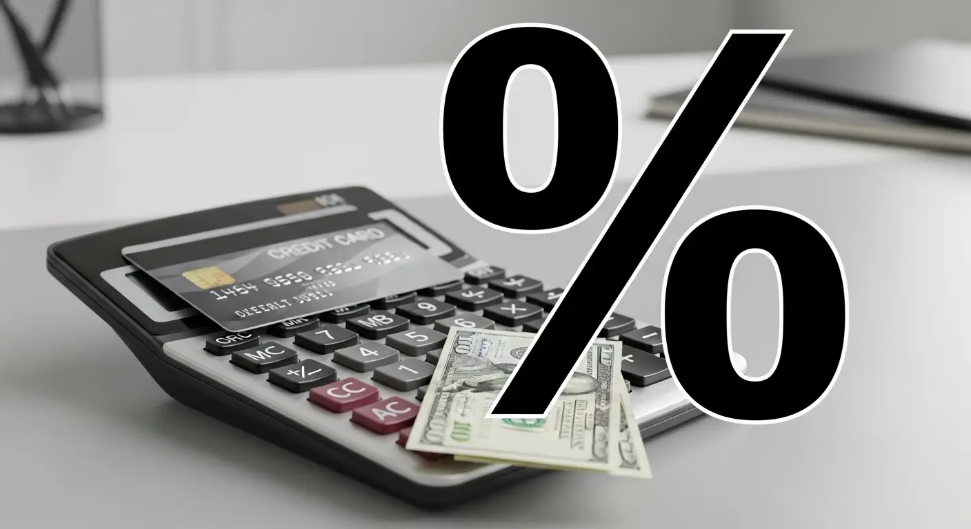 계산기 위에 신용카드와 현금이 놓여 있고, 수수료 퍼센트(%) 표시가 크게 떠 있는 장면