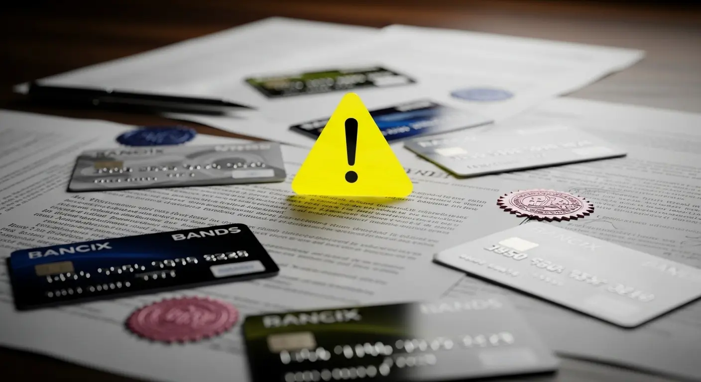 법률문서와 신용카드가 함께 놓여 있고 경고 아이콘(⚠️)이 표시된 장면