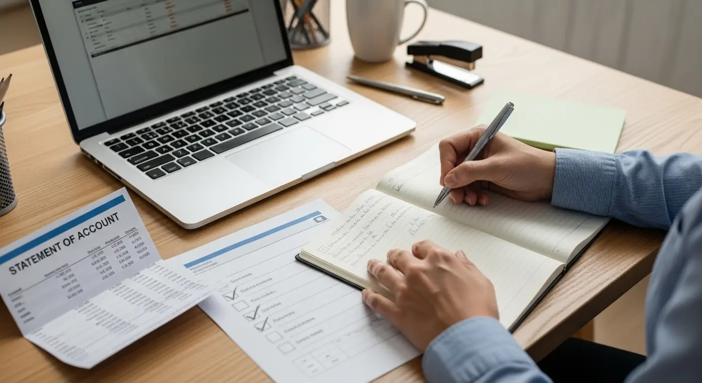 사무실 책상 위에 카드명세서와 노트북이 놓여 있고 사람이 메모하며 체크리스트를 작성하는 장면