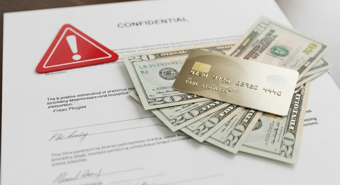 법률문서 위에 신용카드와 현금이 놓여 있고 빨간 경고 아이콘이 함께 있는 장면