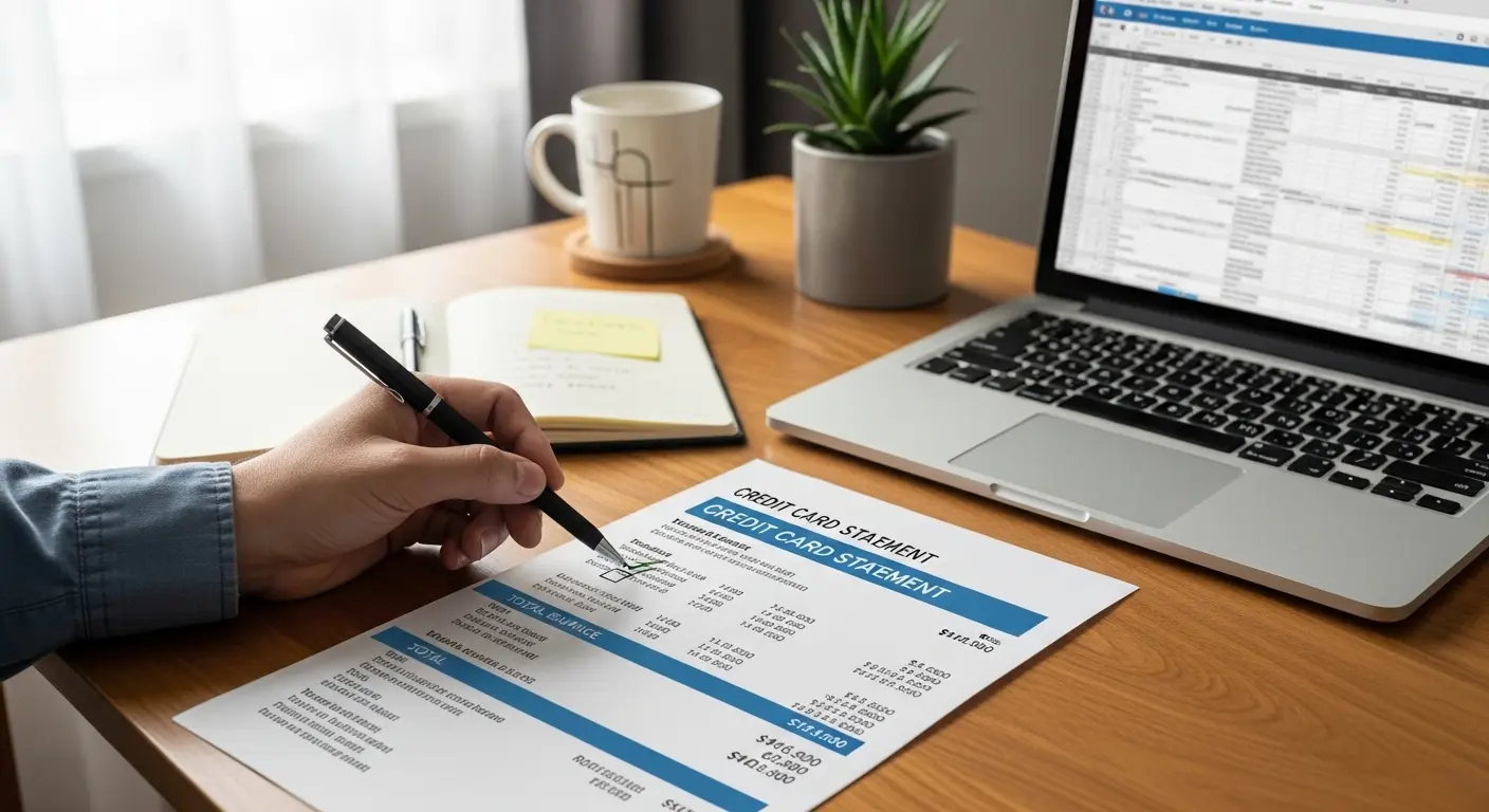 사무실 책상 위 카드명세서와 노트북, 사람 손이 체크리스트에 표시하는 장면