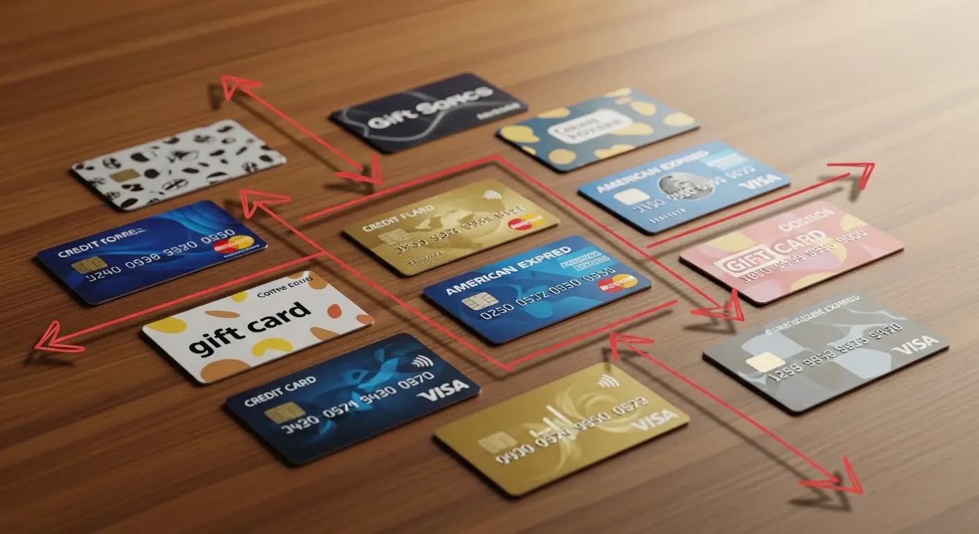 신용카드와 상품권이 테이블 위에 놓여 있고, 현금 흐름을 표시하는 화살표가 있는 장면