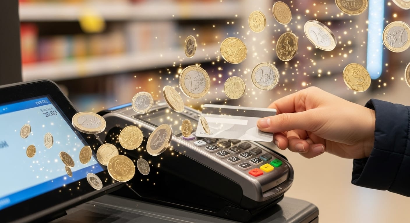 a person making a card payment at a store POS, coins floating around symbolizing transparent transaction, photorealistic style, no text