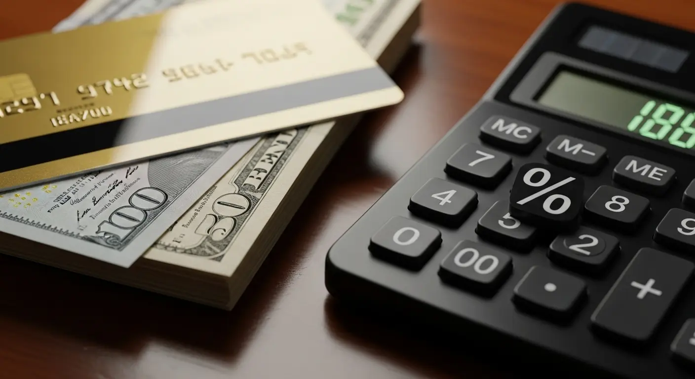 계산기 위에 신용카드와 현금다발, 그리고 % 기호가 크게 표시된 장면