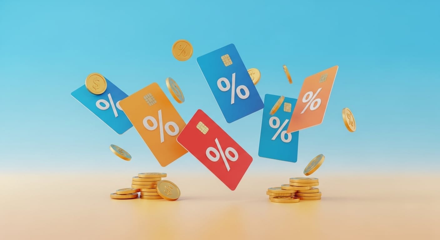 floating credit cards with percentage signs and coins, concept of transaction fee and safe finance, bright gradient background, no text