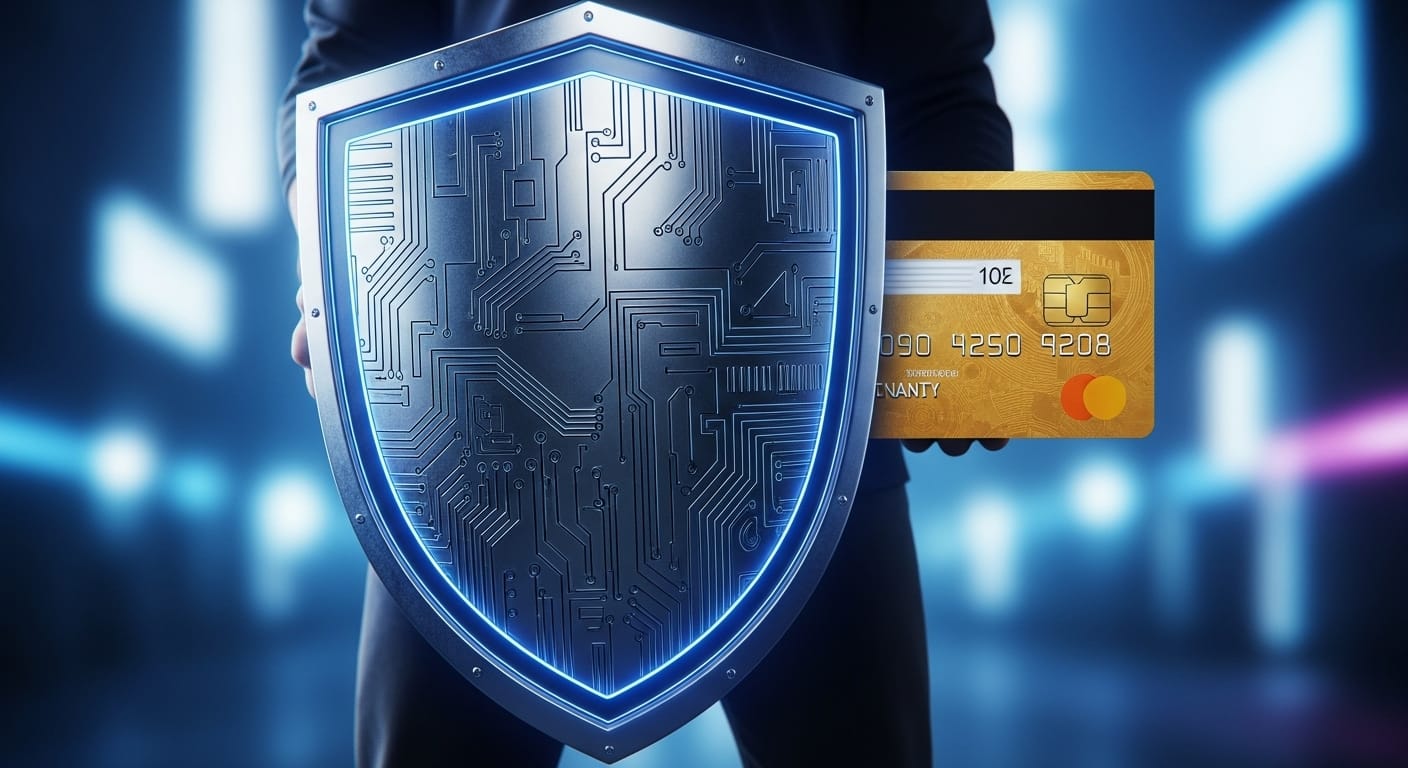 a person holding a shield in front of a credit card, representing secure and lawful financial use, modern realistic 3D render, no text