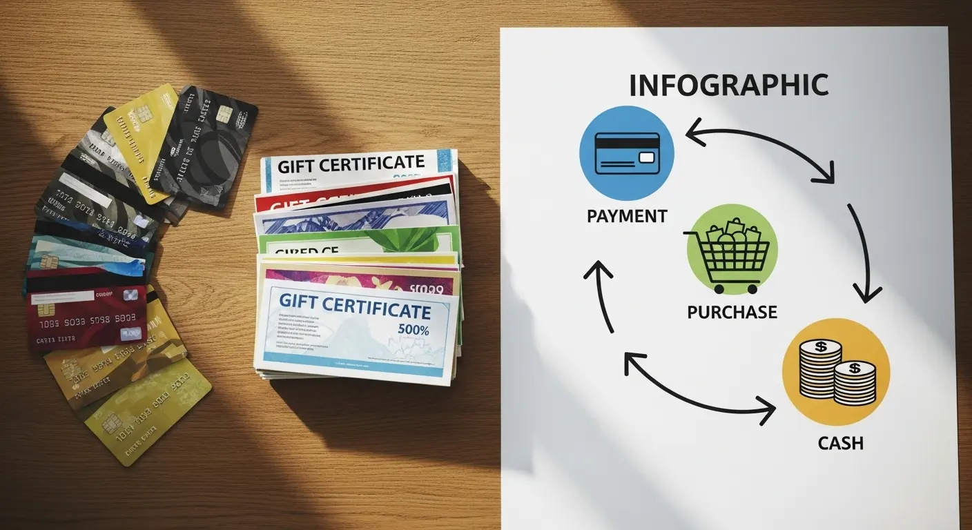 신용카드와 상품권이 놓여 있는 테이블, 화살표로 ‘결제 → 매입 → 현금’ 흐름이 표시된 인포그래픽