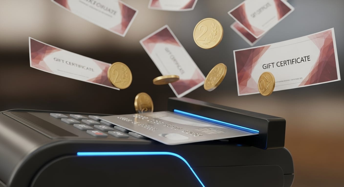 카드 단말기(POS) 위에 신용카드를 긁는 장면, 주변에 상품권과 동전이 떠 있는 모습, 안전하고 투명한 거래를 상징, 현실적인 3D 렌더