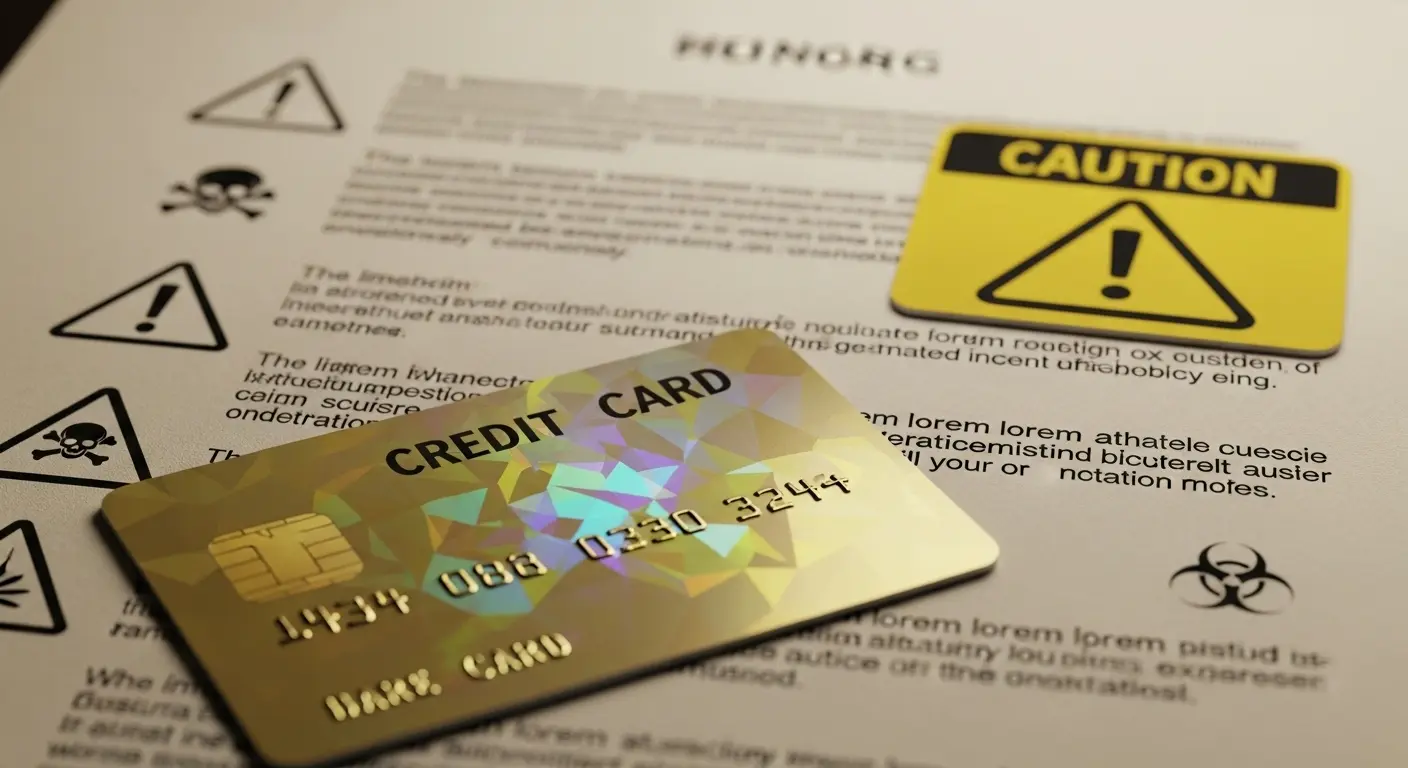 법률문서 위에 신용카드와 경고 아이콘, 주의 표시가 있는 장면