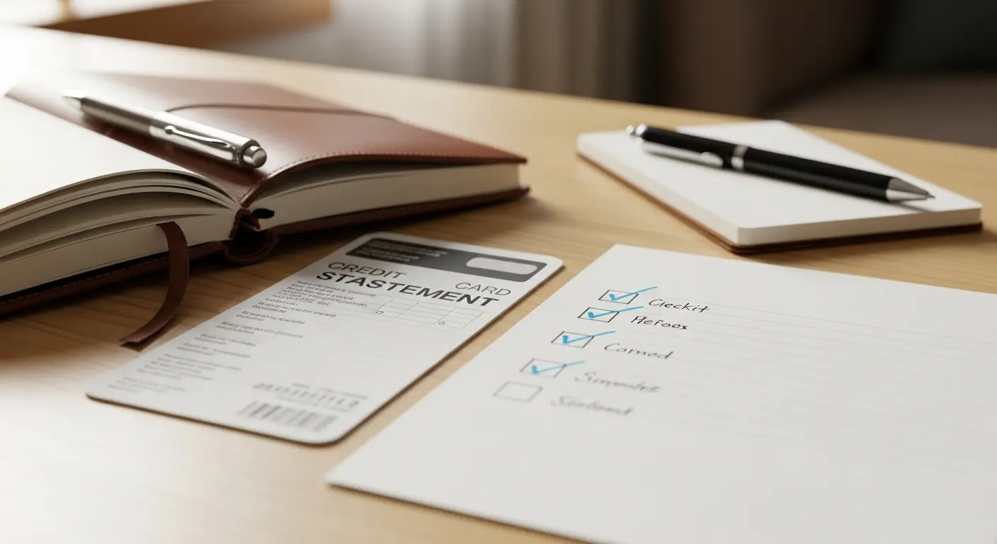 책상 위 카드명세서와 체크리스트, 노트북과 메모 pen 있는 장면