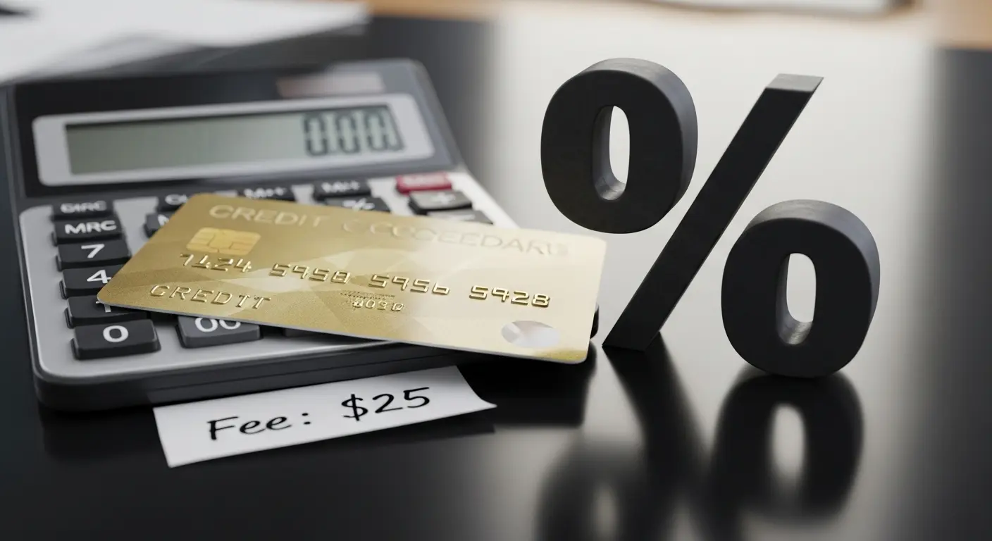 계산기 앞에 신용카드와 수수료 퍼센트(%) 기호가 크게 떠 있는 장면