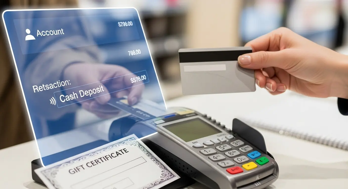 상품권이 신용카드로 결제되는 장면, 그리고 현금이 들어오는 계좌 화면이 겹쳐진 장면