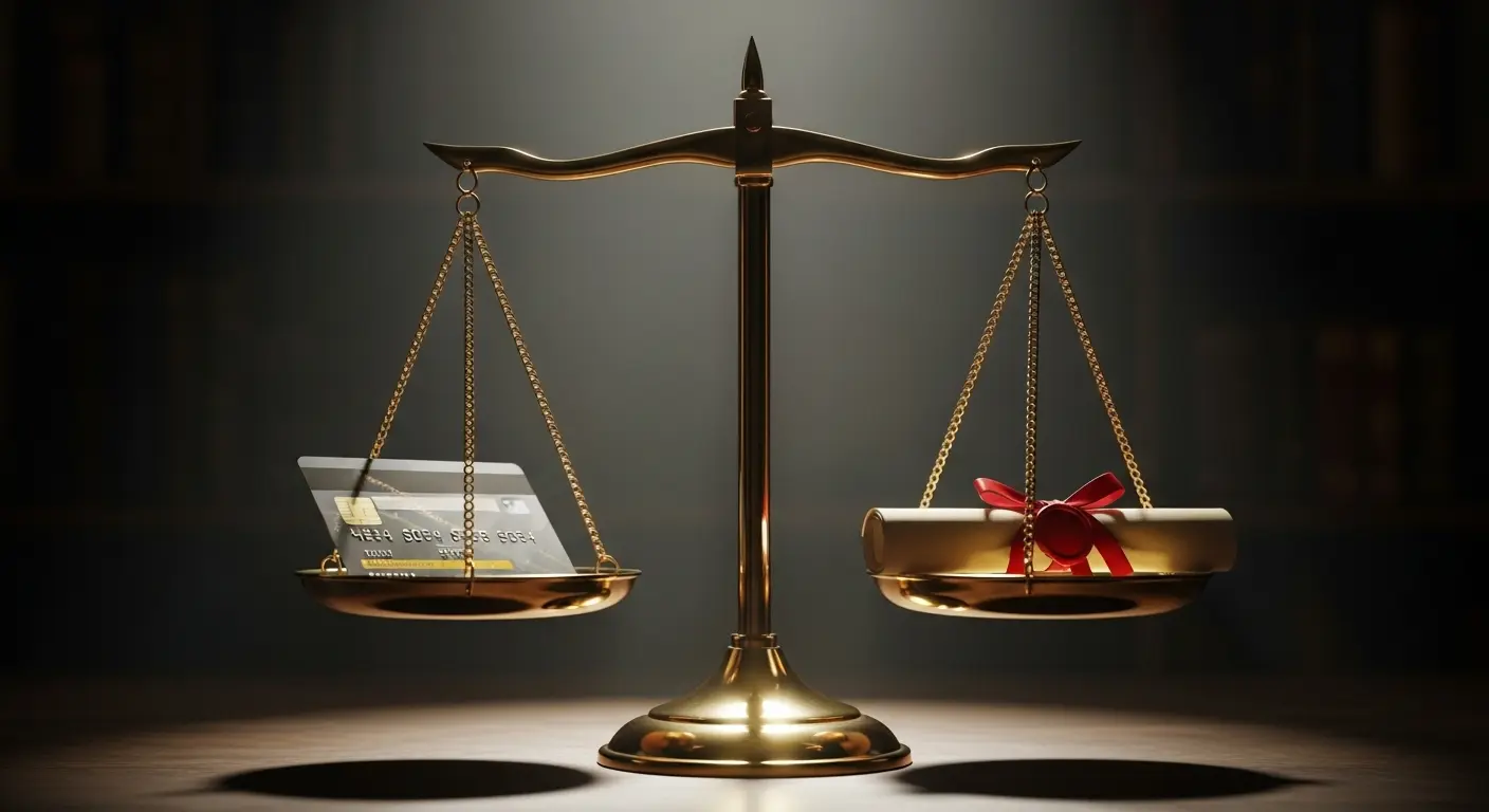 한쪽에는 신용카드, 다른 쪽에는 법률 문서가 올려진 황금 저울, 합법과 주의의 균형을 표현, 시네마틱 톤