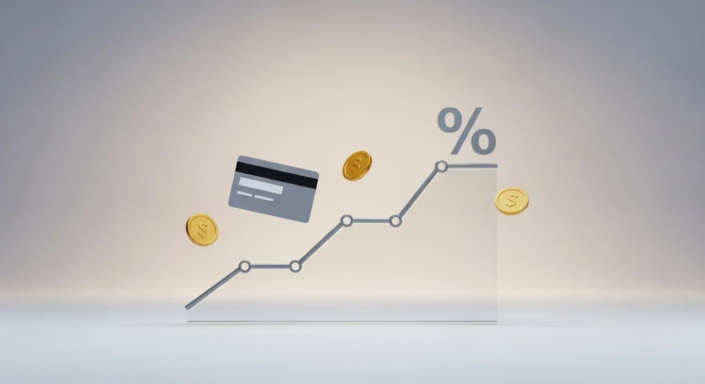 퍼센트(%) 아이콘과 신용카드, 동전이 떠 있는 장면, 비용 계산을 상징하는 깔끔한 그래프 요소, 밝은 배경