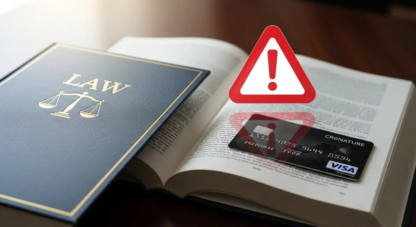 법률책과 신용카드가 함께 놓여 있고 붉은 경고 아이콘이 표시된 장면