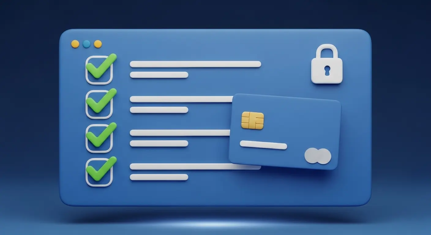 체크 표시가 있는 디지털 체크리스트 화면과 신용카드, 보안(자물쇠) 아이콘, 신뢰감 있는 파란 계열, 현실적 3D