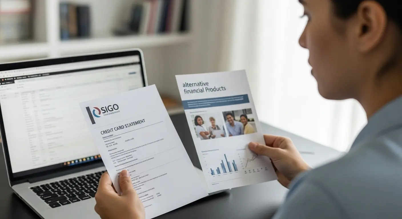 노트북 앞에서 신용카드명세서와 ‘대안 금융상품’ 브로셔를 비교하는 사람의 장면
