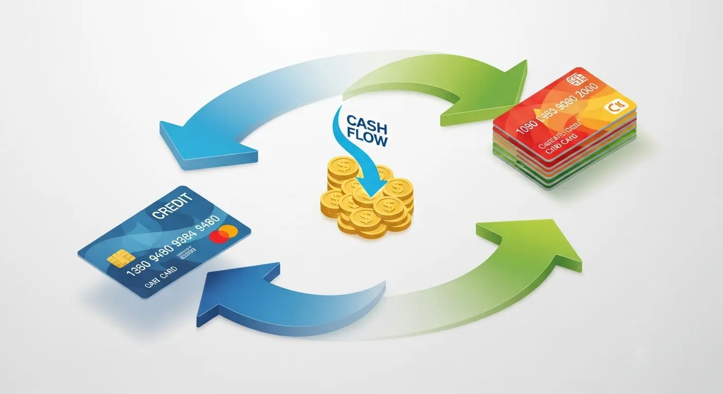 신용카드와 상품권, 현금 흐름을 연결하는 화살표 인포그래픽