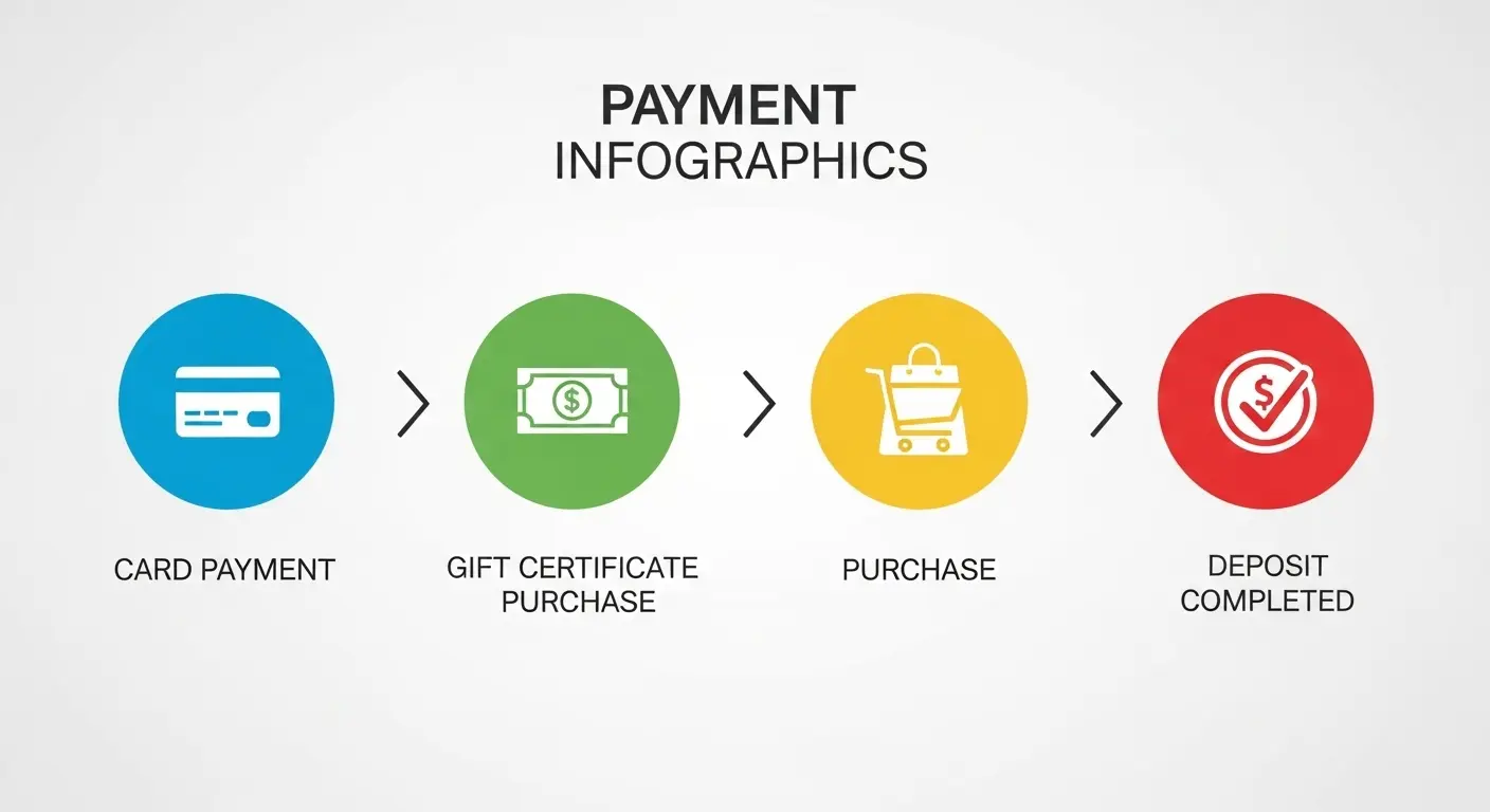 결제 단계별 인포그래픽 (1. 카드결제 → 2. 상품권 구매 → 3. 매입 → 4. 입금 완료)