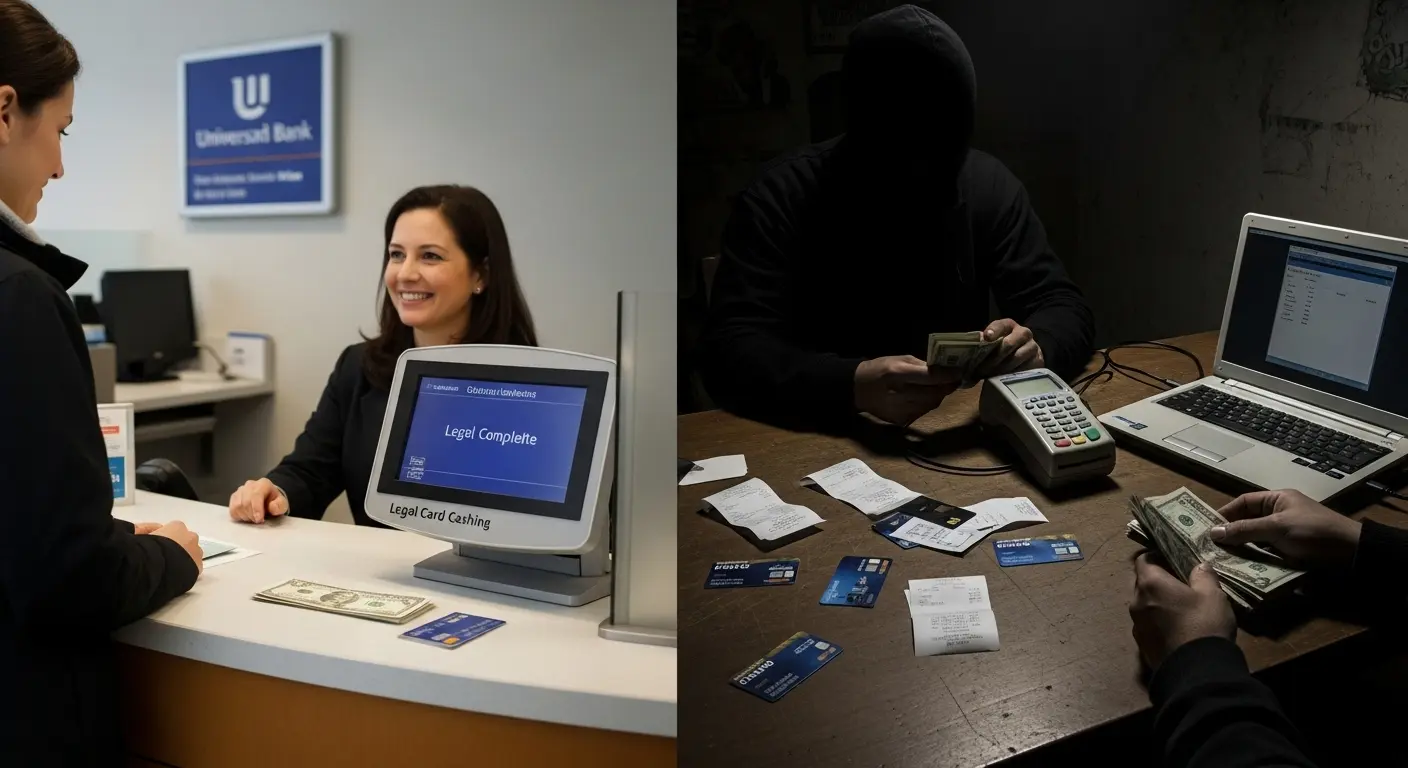 합법 vs 불법 카드현금화 비교 표가 시각적으로 표현된 장면