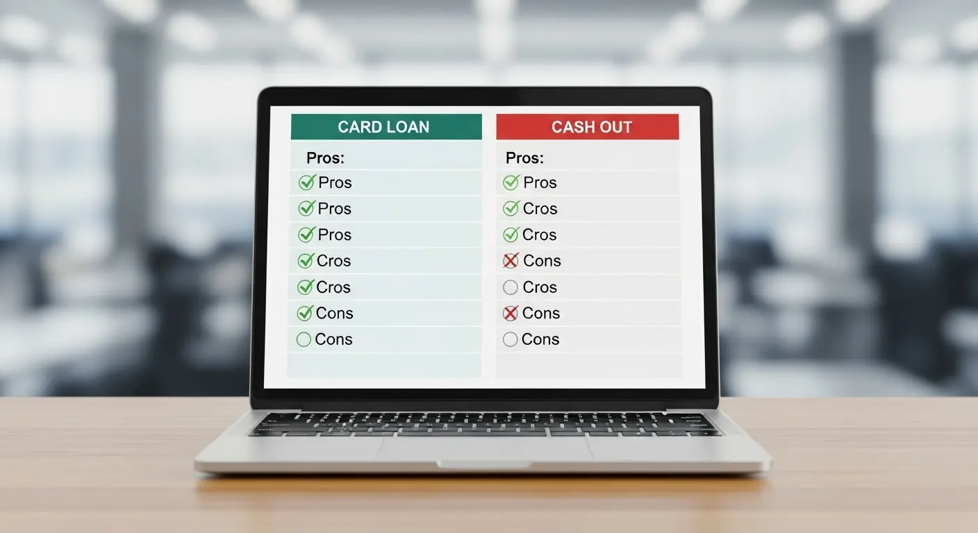 노트북 화면에 ‘카드론 vs 현금화’ 비교 차트가 표시된 장면