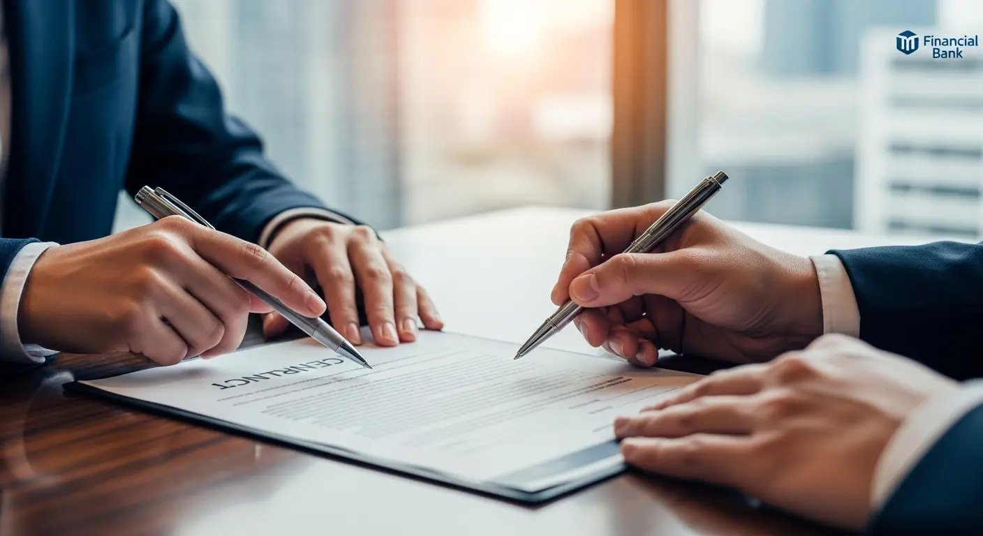 금융상품 계약서에 서명하는 손, 대출 상담하는 장면