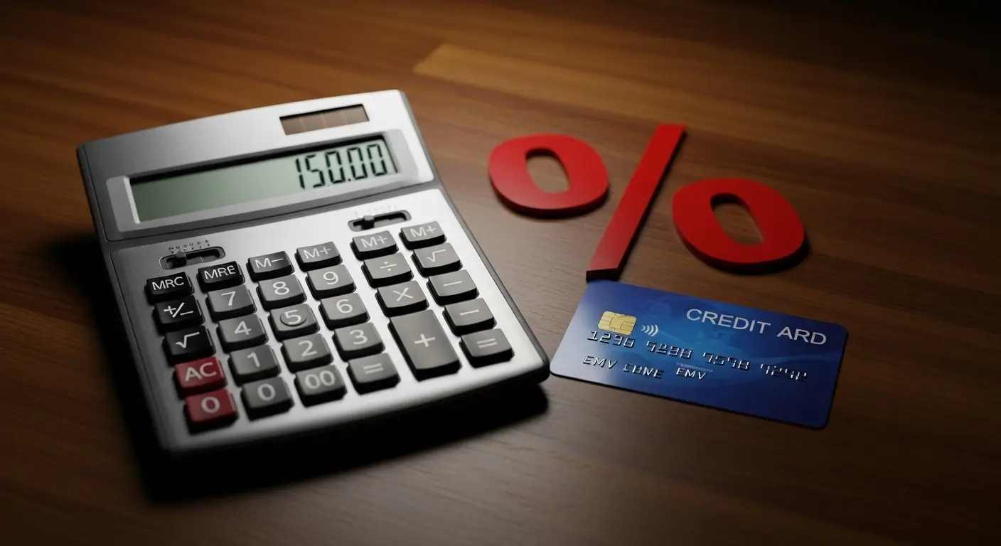 신용카드 옆에 계산기와 % 기호가 함께 있는 수수료 계산 이미지