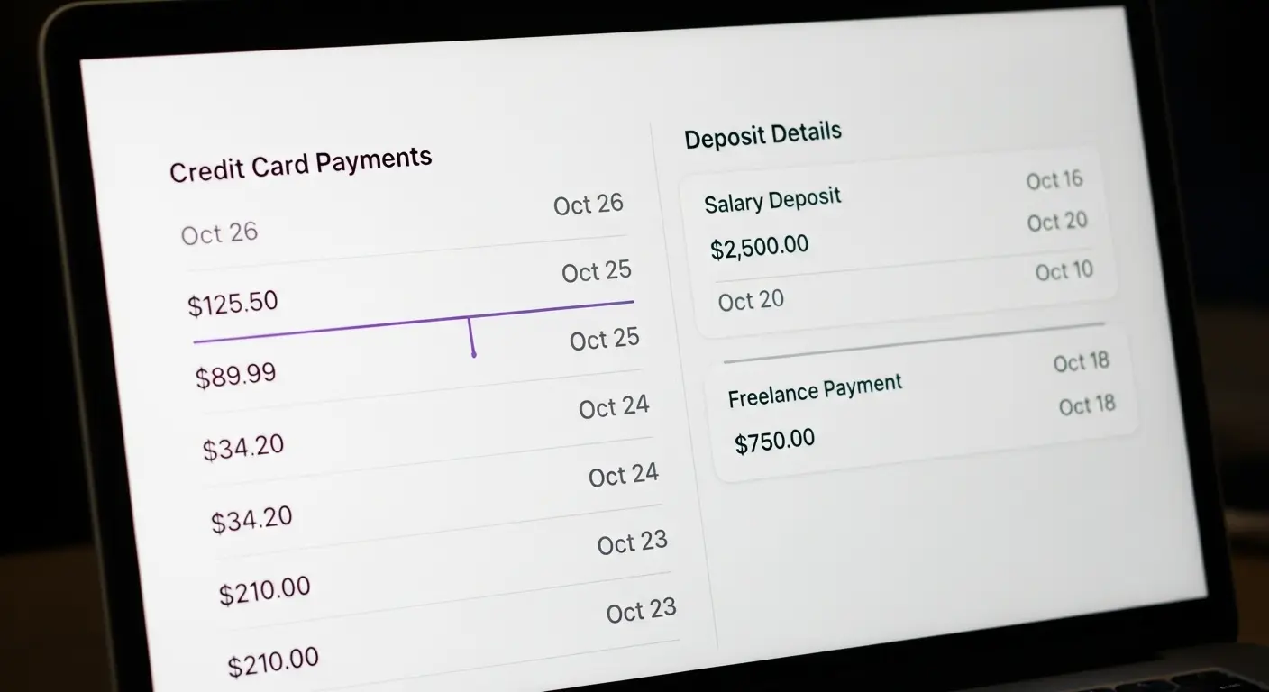 노트북 화면에서 신용카드 결제금액과 입금내역을 비교하는 장면