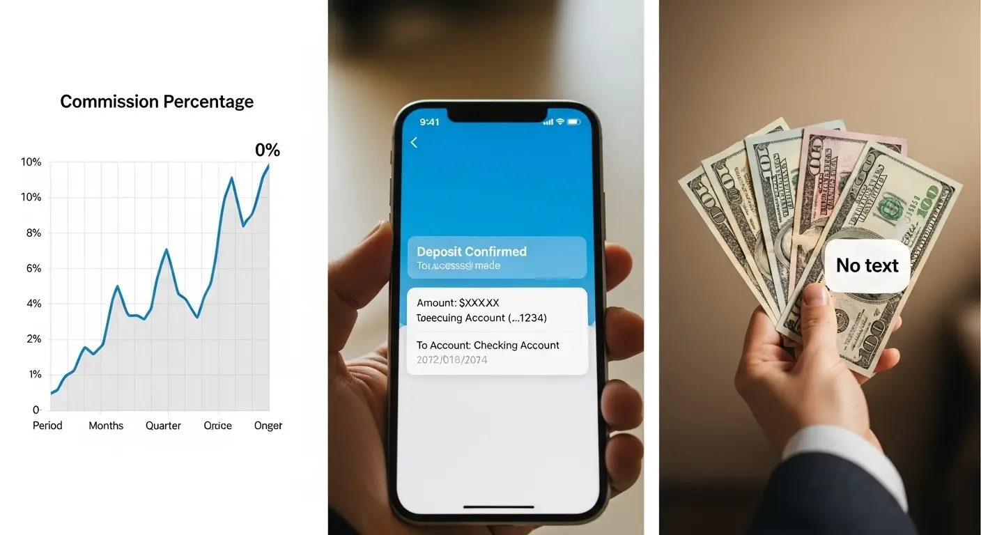 수수료 퍼센트 그래프, 계좌로 입금 확인 중인 핸드폰 화면