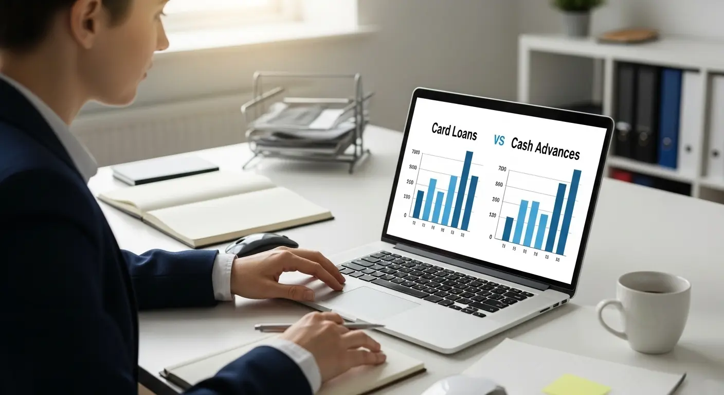 노트북 앞에서 카드론과 현금화 비교 차트를 보는 사람