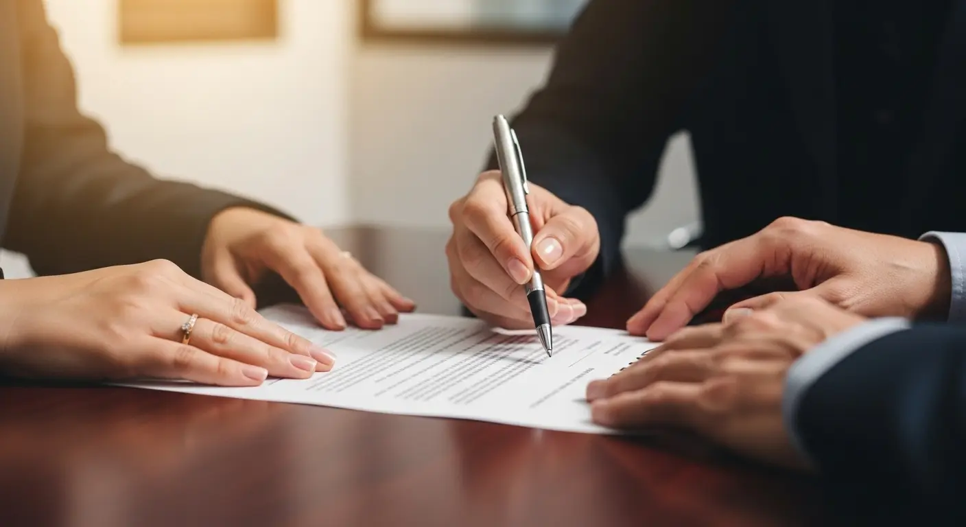 대출 상담 중인 손, 계약서에 서명하는 장면