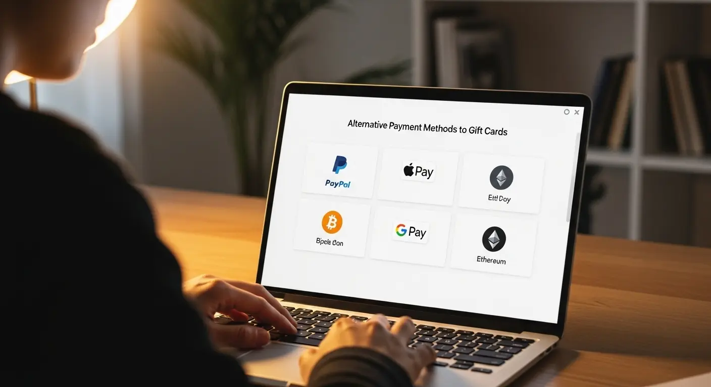 노트북 화면에서 상품권 대신 다른 결제방식을 탐색하는 사람의 모습,