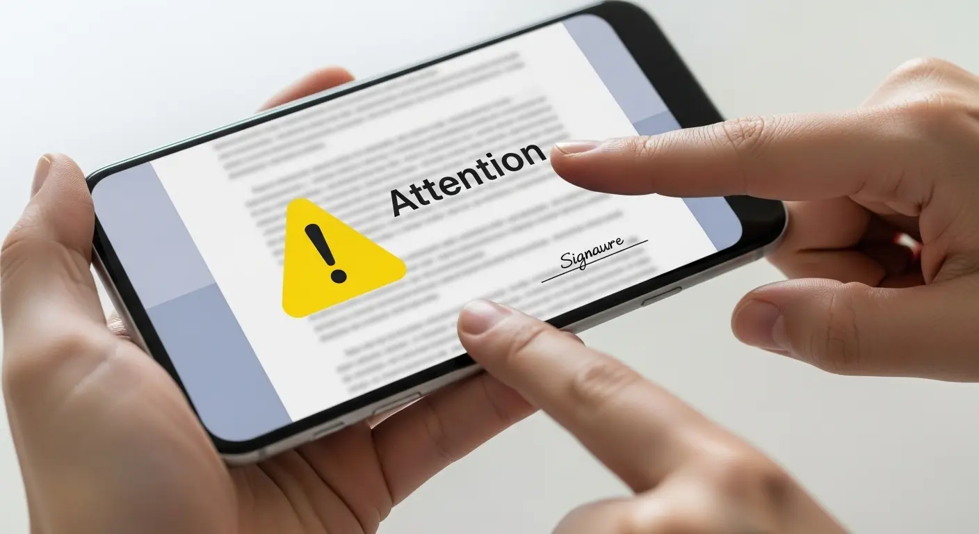 주의 아이콘과 스마트폰 카드 앱, 법률 문서를 검토하는 손
