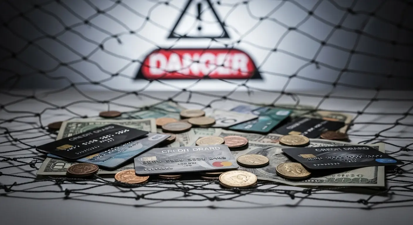 법망 그물 위에 신용카드와 현금이 놓여 있고 ‘위험’ 아이콘이 흐릿하게 보이는 장면