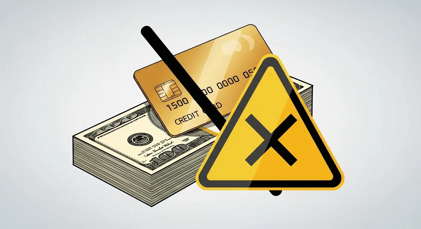 신용카드와 현금이 교차되는 그래픽, 위험 경고 표식 포함