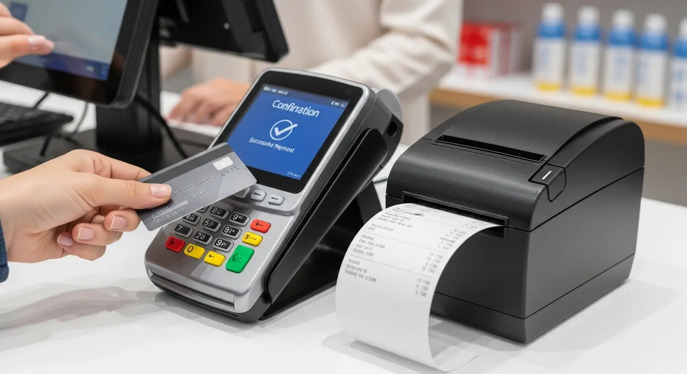 정식 가맹점에서 카드 결제를 하는 장면, 영수증 발급 이미지