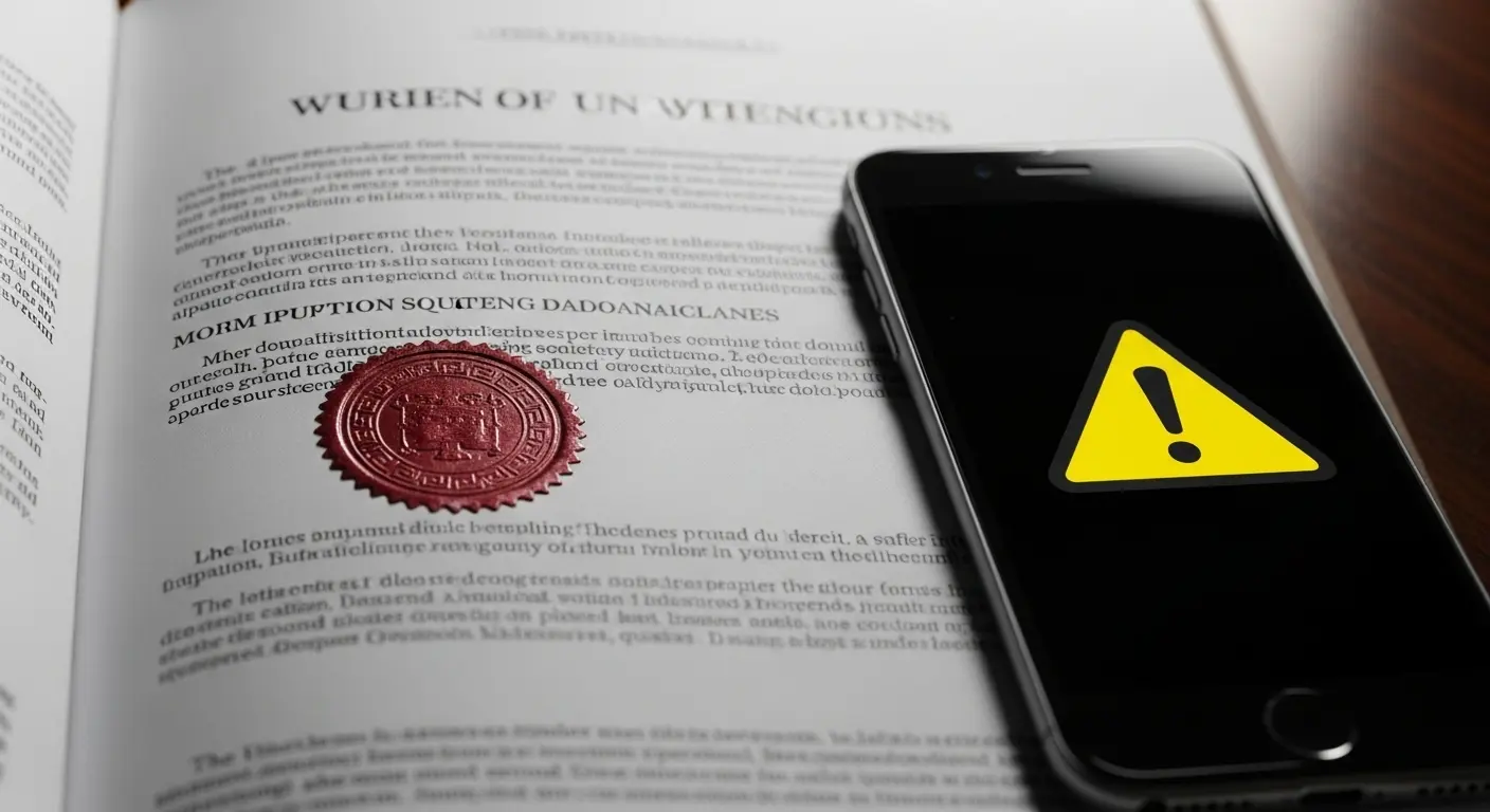 법률문서와 스마트폰이 함께 놓여 있고, 경고 아이콘이 표시된 장면